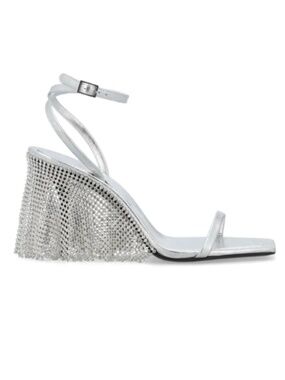 $725 KATE CATE Silver Square-Toed Rhinestone Mesh Ankle Strap Heels, size 6
